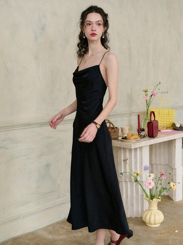 Simple Retro Women's Solid Color Bowknot Backless Cami Dress