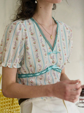 Simple Retro Women's V-Neck Printed Color-Blocking Bow Tie Casual Shirt