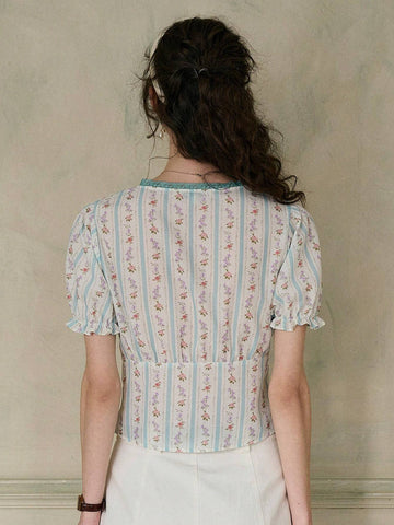 Simple Retro Women's V-Neck Printed Color-Blocking Bow Tie Casual Shirt