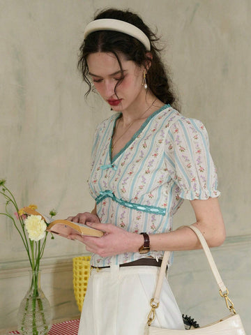 Simple Retro Women's V-Neck Printed Color-Blocking Bow Tie Casual Shirt