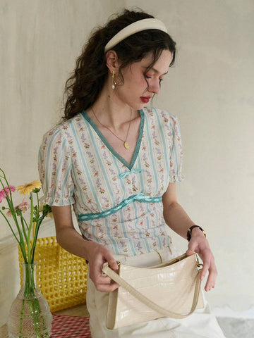 Simple Retro Women's V-Neck Printed Color-Blocking Bow Tie Casual Shirt