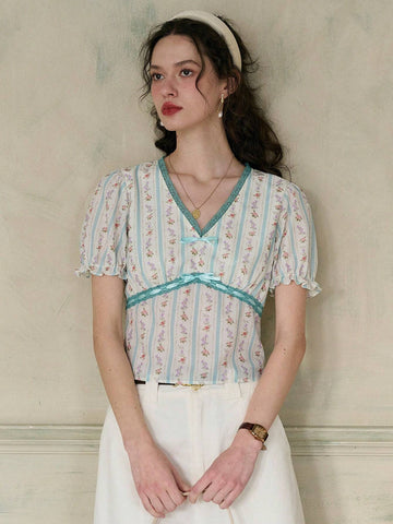 Simple Retro Women's V-Neck Printed Color-Blocking Bow Tie Casual Shirt