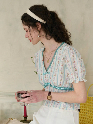 Simple Retro Women's V-Neck Printed Color-Blocking Bow Tie Casual Shirt