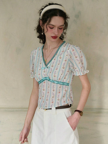 Simple Retro Women's V-Neck Printed Color-Blocking Bow Tie Casual Shirt