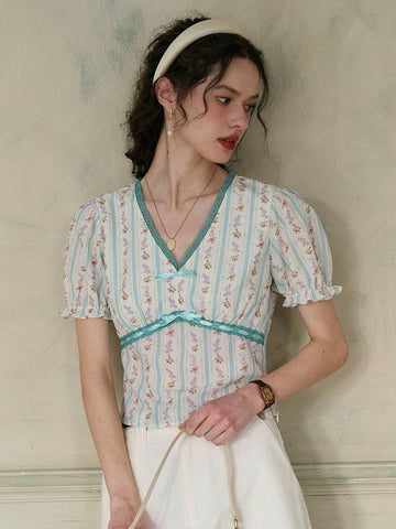 Simple Retro Women's V-Neck Printed Color-Blocking Bow Tie Casual Shirt