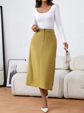 Simple Solid Color Casual Office Skirt For Women