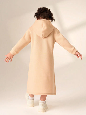 Simple Solid Color Hooded Casual Everyday Dress For Young Girls