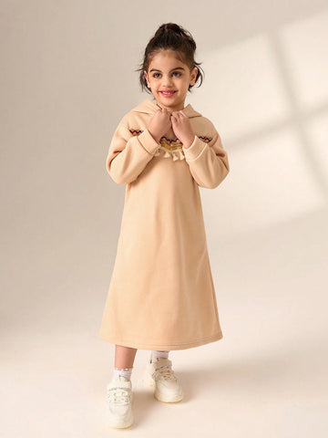 Simple Solid Color Hooded Casual Everyday Dress For Young Girls