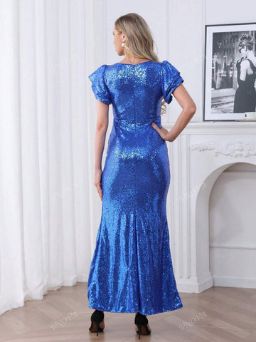 Simple Solid Color V-Neck Maxi Dress With Sequin Trim & Side Slit, Evening Gown