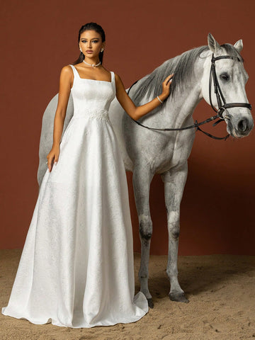 Simple Spaghetti Strap Square Neckline, Sculptured Flower Decoration, French Style Lightweight Wedding Dress