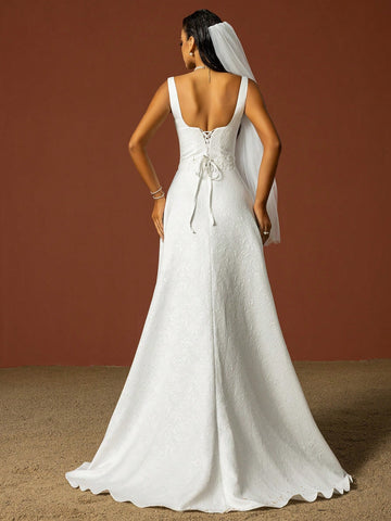 Simple Spaghetti Strap Square Neckline, Sculptured Flower Decoration, French Style Lightweight Wedding Dress