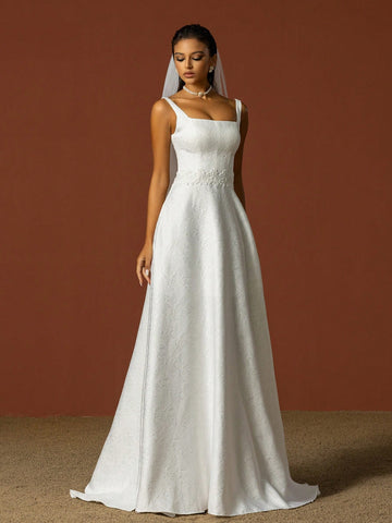 Simple Spaghetti Strap Square Neckline, Sculptured Flower Decoration, French Style Lightweight Wedding Dress