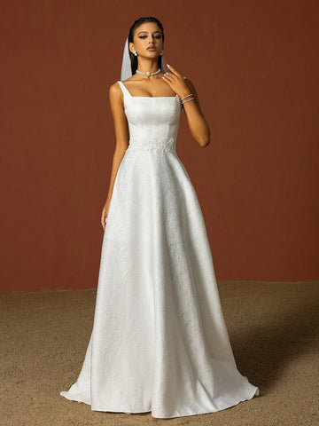 Simple Spaghetti Strap Square Neckline, Sculptured Flower Decoration, French Style Lightweight Wedding Dress