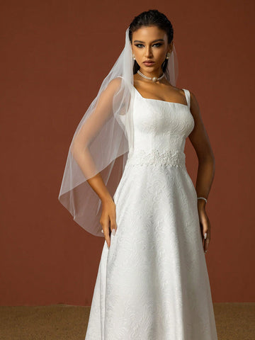 Simple Spaghetti Strap Square Neckline, Sculptured Flower Decoration, French Style Lightweight Wedding Dress