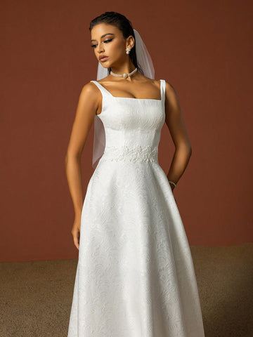 Simple Spaghetti Strap Square Neckline, Sculptured Flower Decoration, French Style Lightweight Wedding Dress