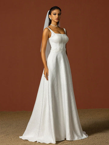 Simple Spaghetti Strap Square Neckline, Sculptured Flower Decoration, French Style Lightweight Wedding Dress