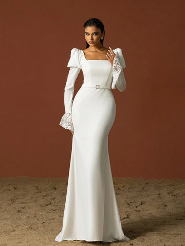 Simple Square Neckline Long-Sleeve French Wedding Dress