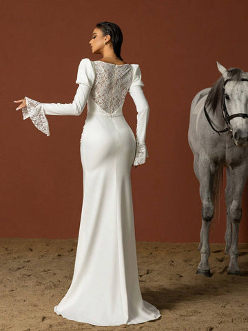 Simple Square Neckline Long-Sleeve French Wedding Dress