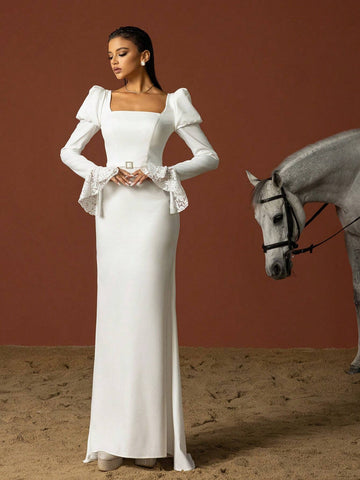 Simple Square Neckline Long-Sleeve French Wedding Dress