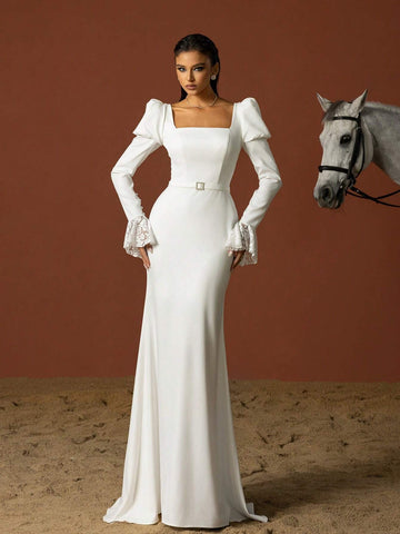 Simple Square Neckline Long-Sleeve French Wedding Dress