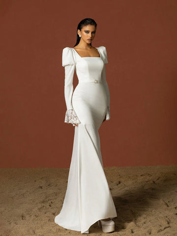 Simple Square Neckline Long-Sleeve French Wedding Dress