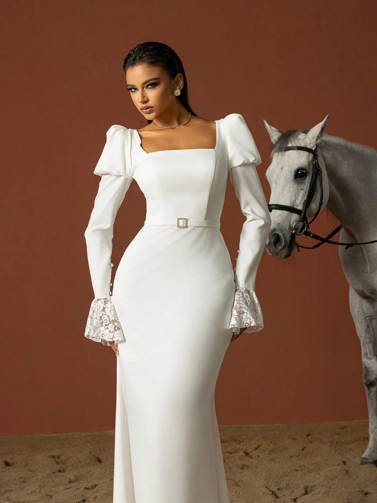 Simple Square Neckline Long-Sleeve French Wedding Dress