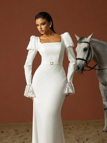 Simple Square Neckline Long-Sleeve French Wedding Dress