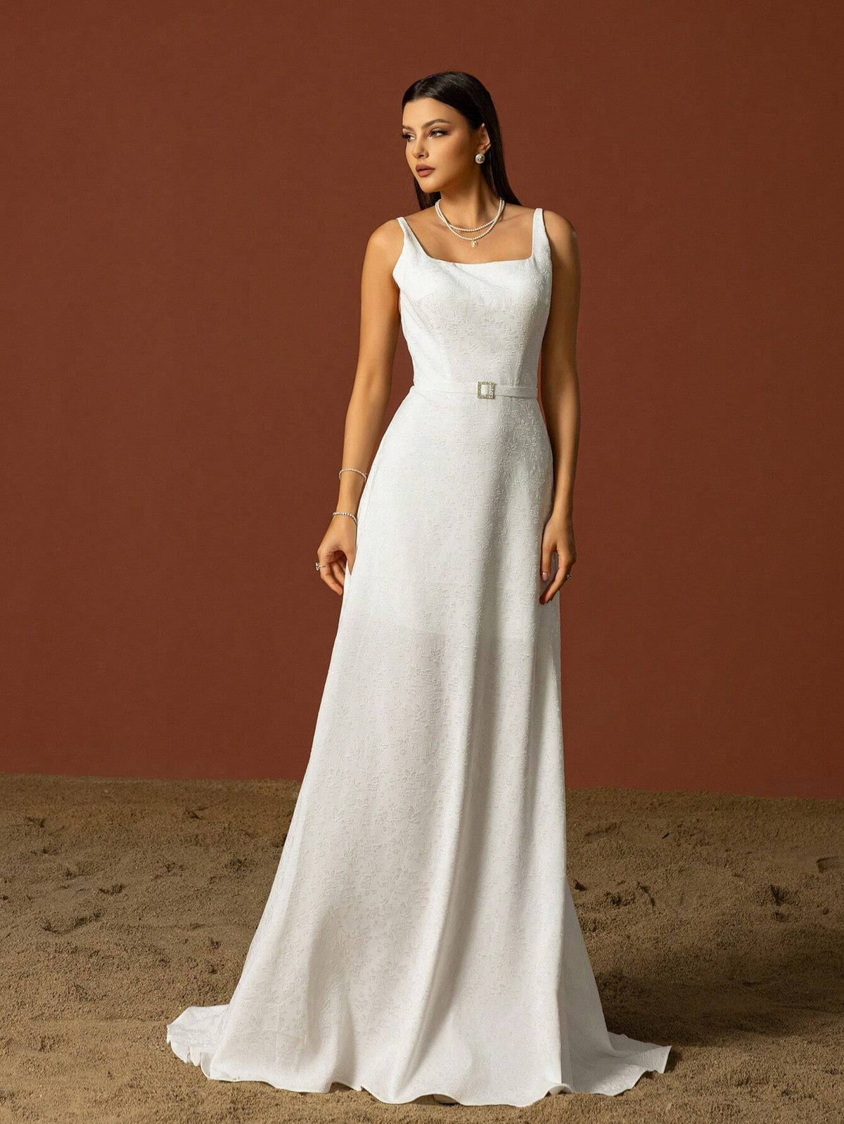 Simple Square Neckline Spaghetti Strap French Style Bridal Dress, Lightweight