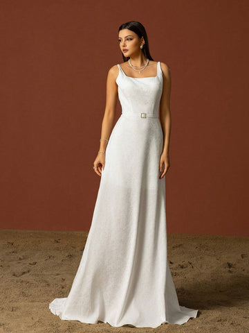 Simple Square Neckline Spaghetti Strap French Style Bridal Dress, Lightweight