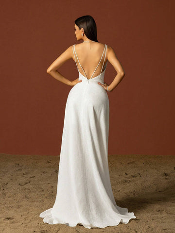 Simple Square Neckline Spaghetti Strap French Style Bridal Dress, Lightweight