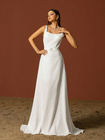 Simple Square Neckline Spaghetti Strap French Style Bridal Dress, Lightweight