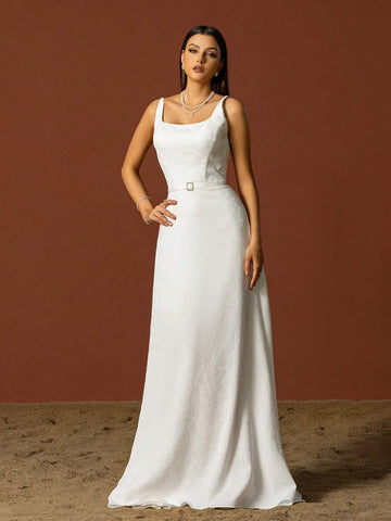 Simple Square Neckline Spaghetti Strap French Style Bridal Dress, Lightweight