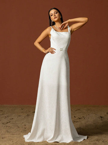 Simple Square Neckline Spaghetti Strap French Style Bridal Dress, Lightweight