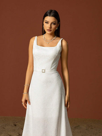 Simple Square Neckline Spaghetti Strap French Style Bridal Dress, Lightweight