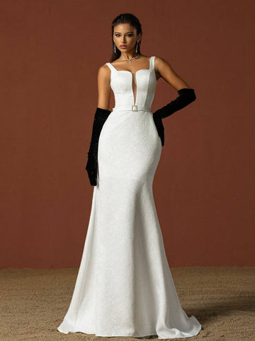 Simple Square Neckline Spaghetti Strap French Wedding Dress