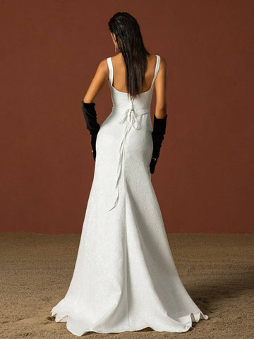 Simple Square Neckline Spaghetti Strap French Wedding Dress