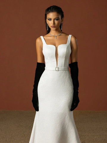 Simple Square Neckline Spaghetti Strap French Wedding Dress