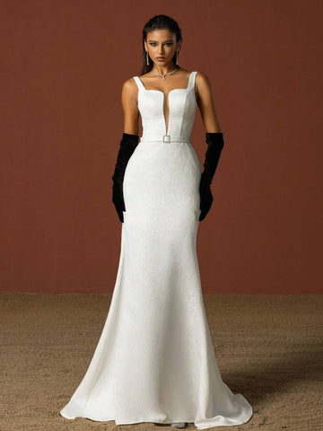 Simple Square Neckline Spaghetti Strap French Wedding Dress