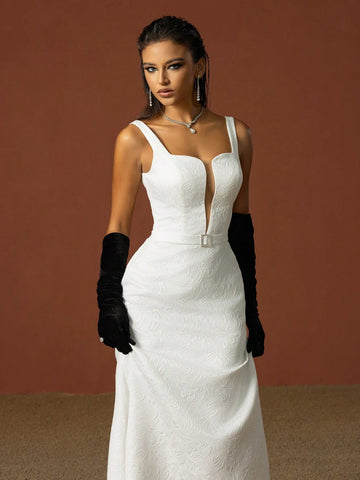 Simple Square Neckline Spaghetti Strap French Wedding Dress