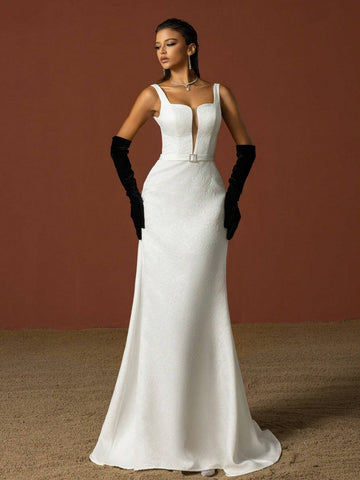 Simple Square Neckline Spaghetti Strap French Wedding Dress