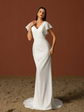 Simple V-Neck Elegant Layered Ruffle Sleeves French Style Light Wedding Dress