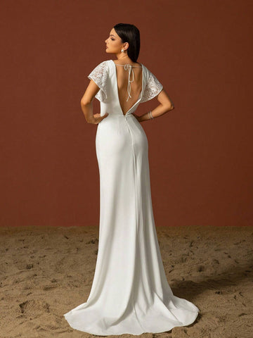 Simple V-Neck Elegant Layered Ruffle Sleeves French Style Light Wedding Dress