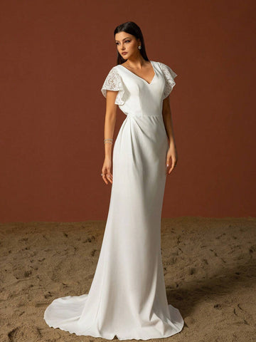 Simple V-Neck Elegant Layered Ruffle Sleeves French Style Light Wedding Dress