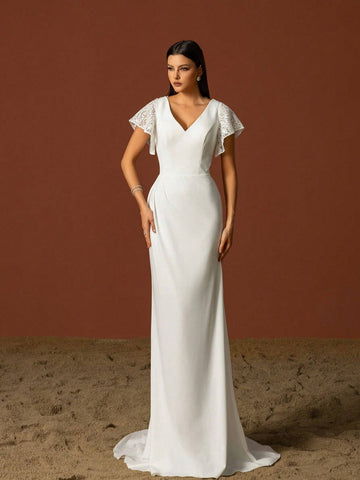 Simple V-Neck Elegant Layered Ruffle Sleeves French Style Light Wedding Dress