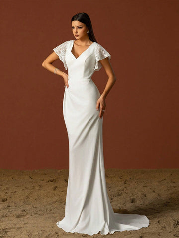 Simple V-Neck Elegant Layered Ruffle Sleeves French Style Light Wedding Dress