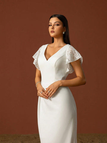 Simple V-Neck Elegant Layered Ruffle Sleeves French Style Light Wedding Dress