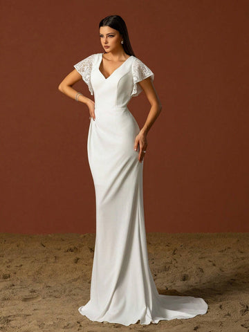 Simple V-Neck Elegant Layered Ruffle Sleeves French Style Light Wedding Dress