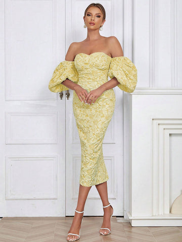 Simple & Sexy Off Shoulder Puff Sleeve Back Slit Bodycon Dress For Women