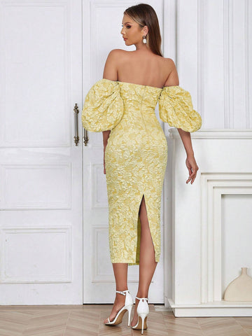 Simple & Sexy Off Shoulder Puff Sleeve Back Slit Bodycon Dress For Women