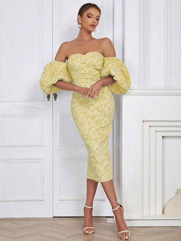 Simple & Sexy Off Shoulder Puff Sleeve Back Slit Bodycon Dress For Women